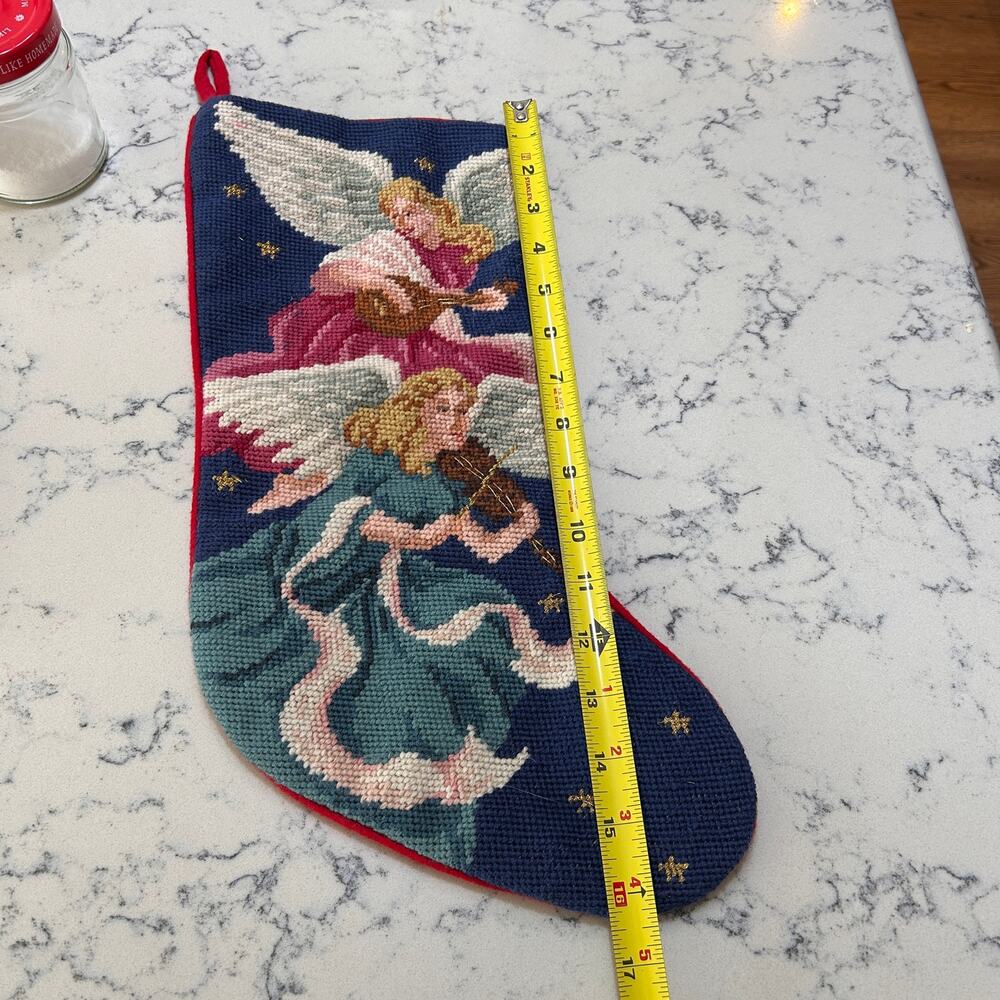 Vintage Wool Needlepoint Christmas Stocking Angels Violin Mandolin Blue Pink